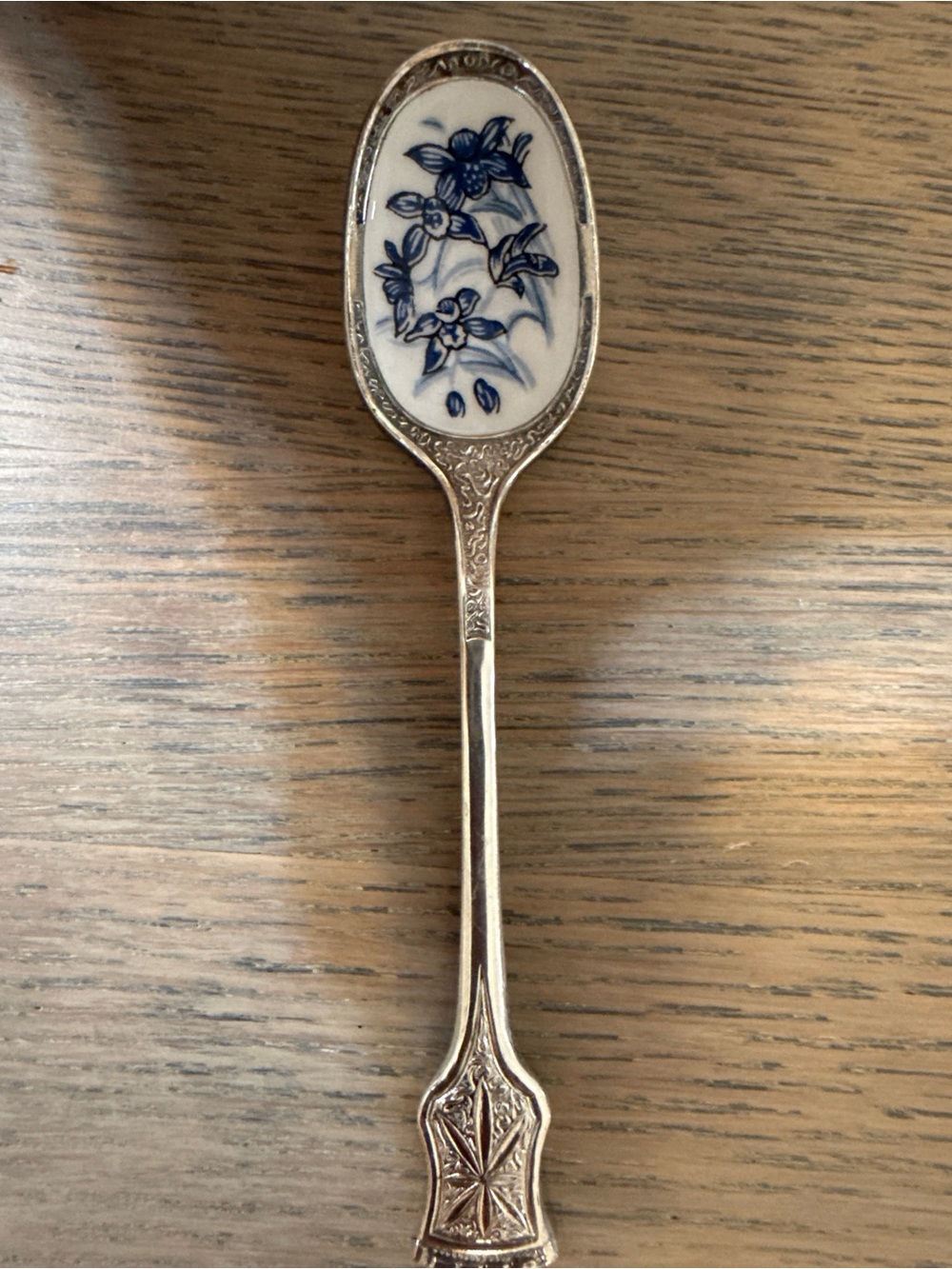Vintage VV Brite Silver Plate Souvenir Spoon Blue White Ceramic Floral Inlay